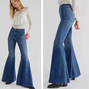 Free People Just Float On Flare Jeans Raw Hem Bohemian Festival Denim Retro